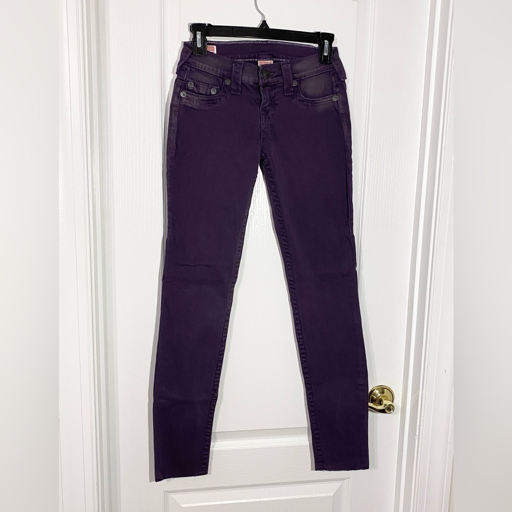 Y2K True Religion USA MADE Distressed 5 Pocket Low Rise Skinny Pants Purple 25